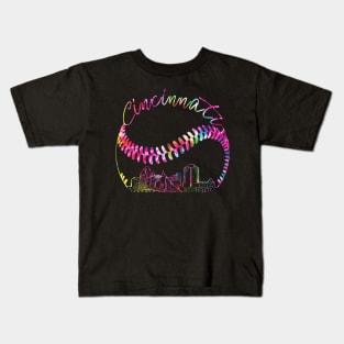 Cincinnati, tie dye, skyline, baseball team Kids T-Shirt